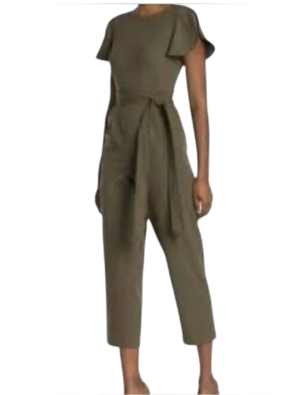 NEW Olive Green Cropped Belted Jumpsuit Sz 8 - Picture 1 of 13